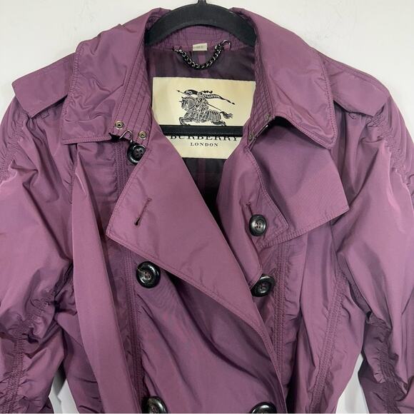 Burberry London Ruched Taffeta Double Breasted Lightweight Trench Coat Purple 12 - Picture 15 of 16